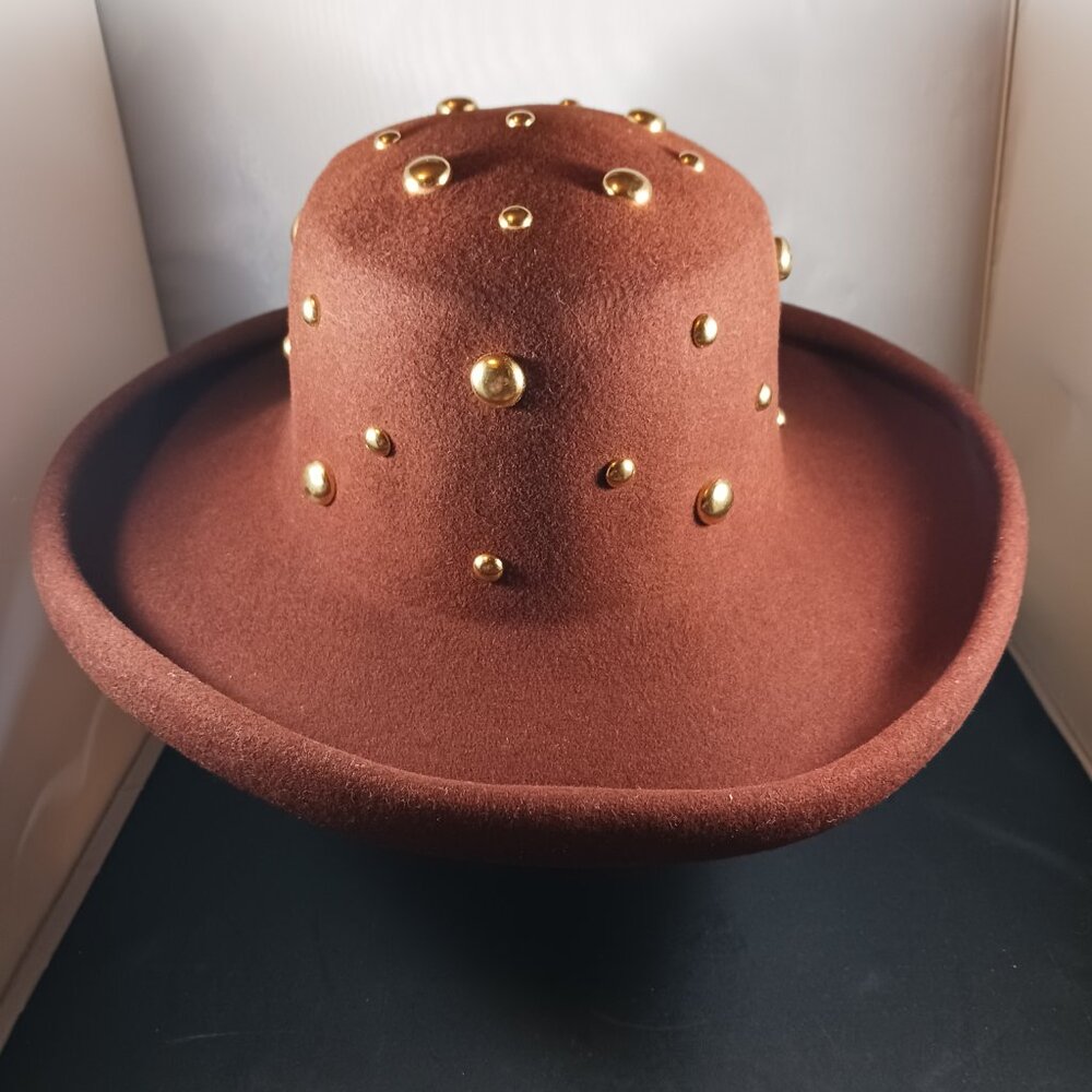 Vintage 100% Wool Gold Studs Women's Brown Felt Hat - Picture 8 of 8